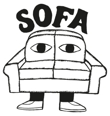 Le logo de SOFA : un canapé avec des yeux et des baskets.